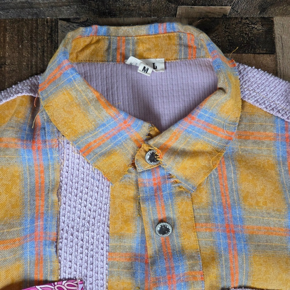 Anthropologie POL Women Medium Patchwork Plaid Floral Button Shirt Boho Festival - Picture 3 of 11